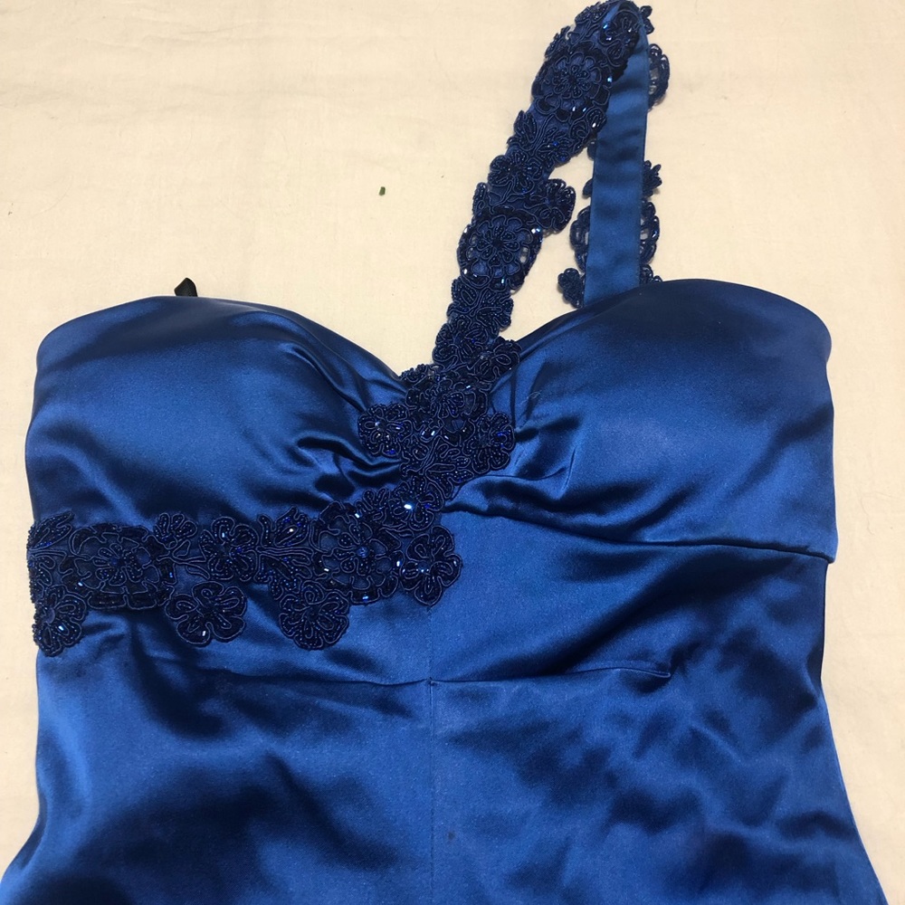 One-Shoulder Satin Dresses with Sweep Train Royal Blue